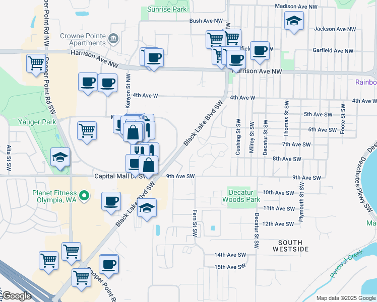 map of restaurants, bars, coffee shops, grocery stores, and more near 700 Black Lake Boulevard Southwest in Olympia
