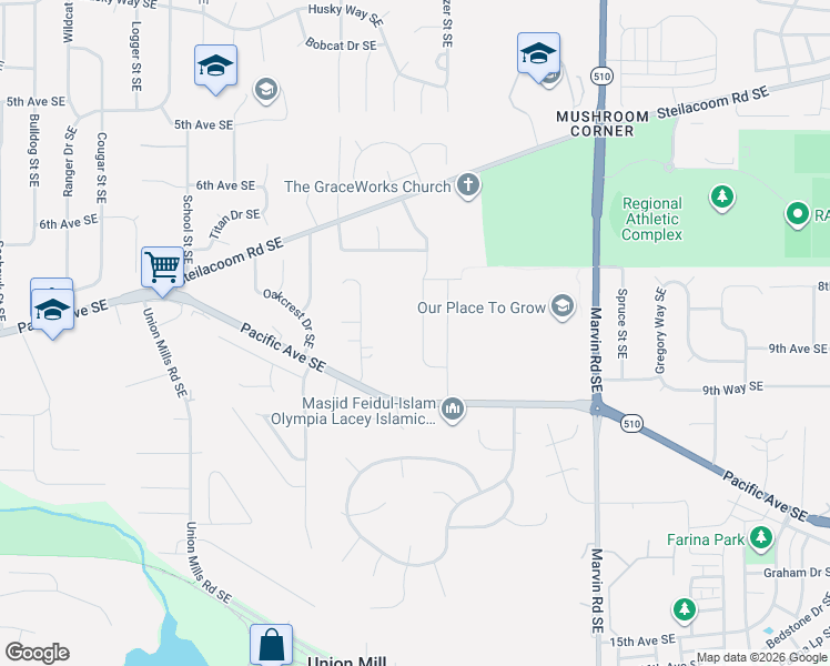 map of restaurants, bars, coffee shops, grocery stores, and more near 849 Vine Maple Street Southeast in Lacey