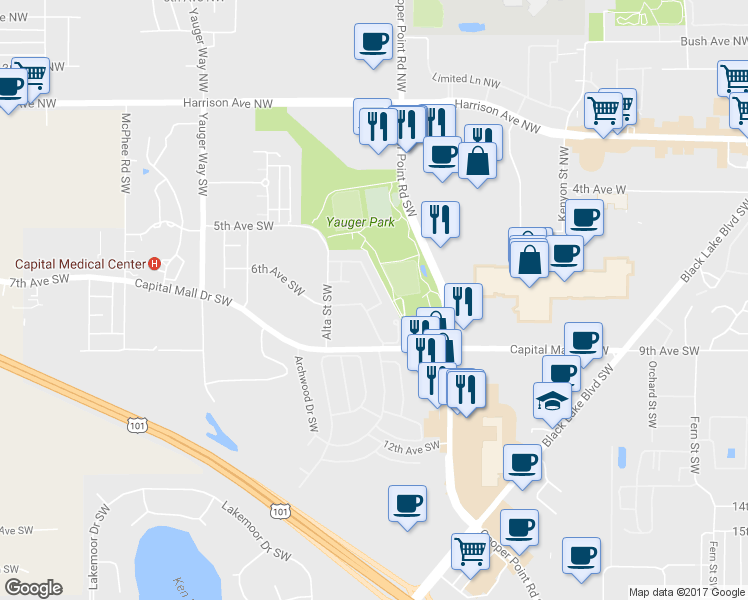 map of restaurants, bars, coffee shops, grocery stores, and more near 3200 Capital Mall Drive Southwest in Olympia