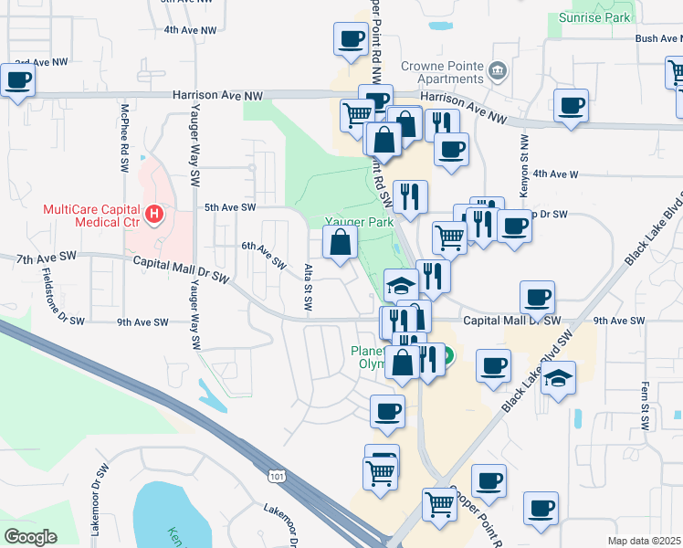 map of restaurants, bars, coffee shops, grocery stores, and more near 3200 Capital Mall Drive Southwest in Olympia