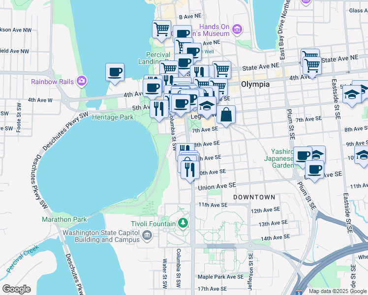 map of restaurants, bars, coffee shops, grocery stores, and more near 720 Capitol Way South in Olympia