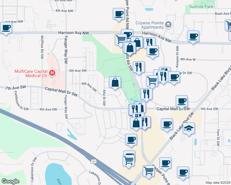 map of restaurants, bars, coffee shops, grocery stores, and more near 3200 Capital Mall Drive Southwest in Olympia