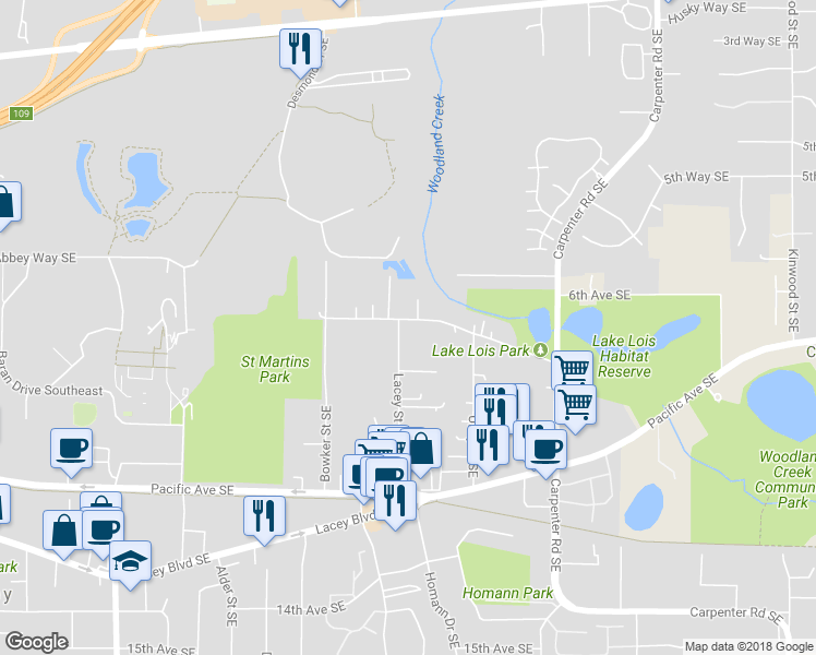 map of restaurants, bars, coffee shops, grocery stores, and more near 802 Lacey Street Southeast in Lacey