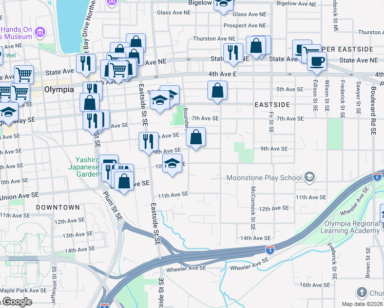 map of restaurants, bars, coffee shops, grocery stores, and more near 908 Boundary Street Southeast in Olympia