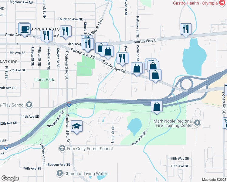map of restaurants, bars, coffee shops, grocery stores, and more near 800 Devoe Street Southeast in Olympia