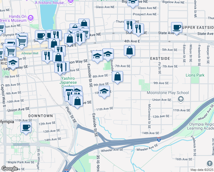 map of restaurants, bars, coffee shops, grocery stores, and more near 1209 9th Avenue Southeast in Olympia