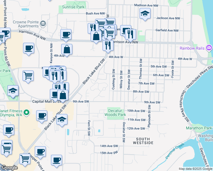 map of restaurants, bars, coffee shops, grocery stores, and more near 805 Soroya Drive Southwest in Olympia