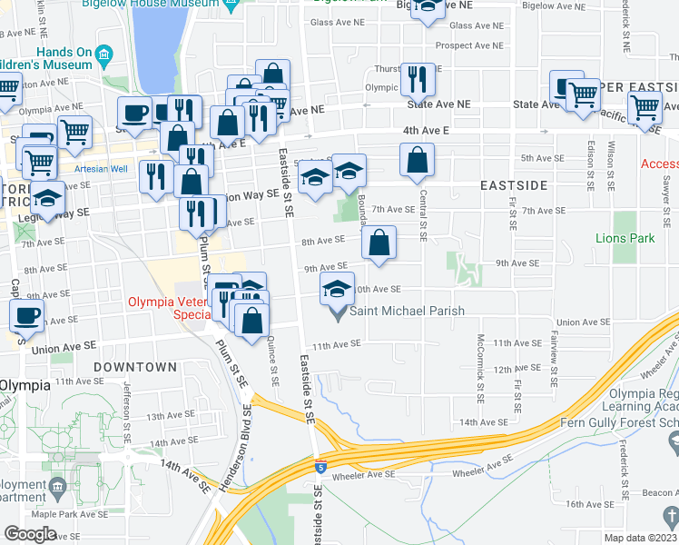 map of restaurants, bars, coffee shops, grocery stores, and more near 1209 9th Avenue Southeast in Olympia