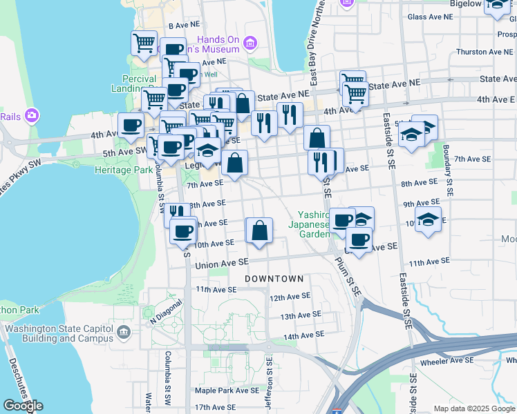 map of restaurants, bars, coffee shops, grocery stores, and more near 807 Jefferson Street Southeast in Olympia