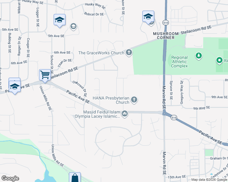 map of restaurants, bars, coffee shops, grocery stores, and more near 849 Vine Maple Street Southeast in Lacey