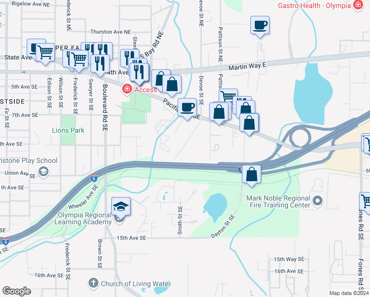 map of restaurants, bars, coffee shops, grocery stores, and more near 800 Devoe Street Southeast in Olympia