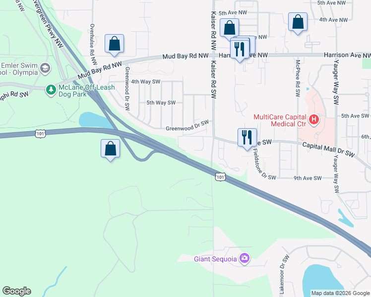 map of restaurants, bars, coffee shops, grocery stores, and more near 4701 7th Avenue Southwest in Olympia