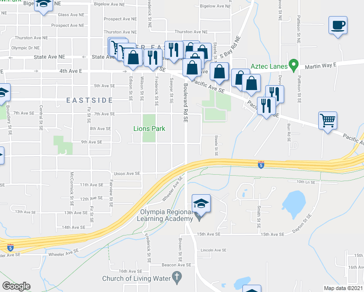 map of restaurants, bars, coffee shops, grocery stores, and more near 901 Boulevard Road Southeast in Olympia