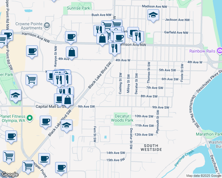 map of restaurants, bars, coffee shops, grocery stores, and more near 805 Soroya Drive Southwest in Olympia