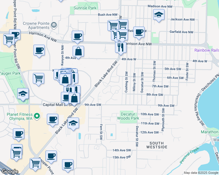 map of restaurants, bars, coffee shops, grocery stores, and more near 2120 Soroya Court Southwest in Olympia