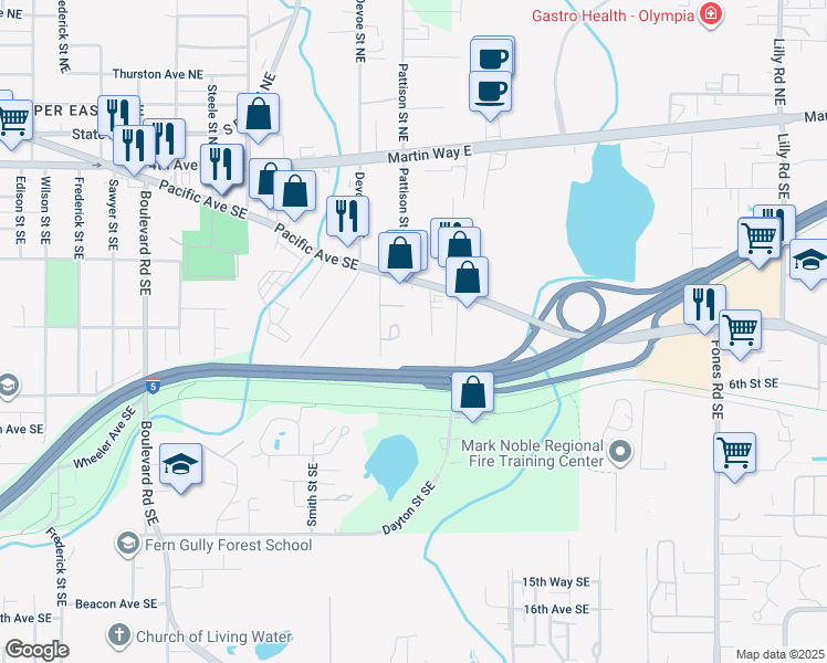 map of restaurants, bars, coffee shops, grocery stores, and more near 3013 Pacific Avenue Southeast in Olympia