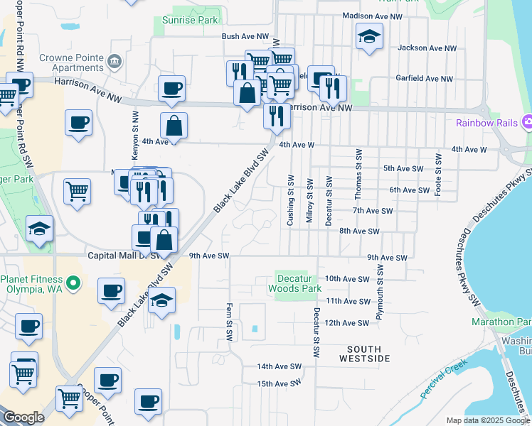 map of restaurants, bars, coffee shops, grocery stores, and more near 805 Soroya Drive Southwest in Olympia