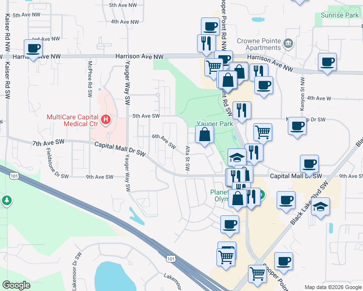 map of restaurants, bars, coffee shops, grocery stores, and more near 701 6th Avenue Southwest in Olympia