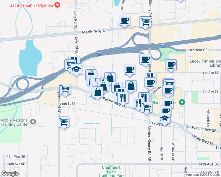 map of restaurants, bars, coffee shops, grocery stores, and more near 3738 Pacific Avenue Southeast in Olympia