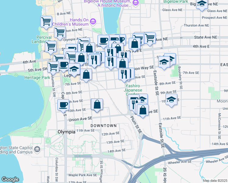 map of restaurants, bars, coffee shops, grocery stores, and more near 621 8th Avenue Southeast in Olympia