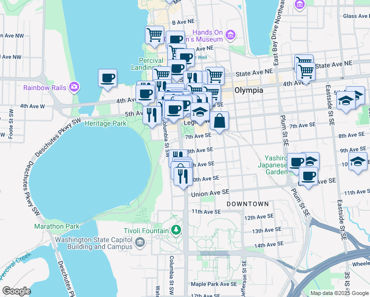 map of restaurants, bars, coffee shops, grocery stores, and more near 720 Capitol Way South in Olympia