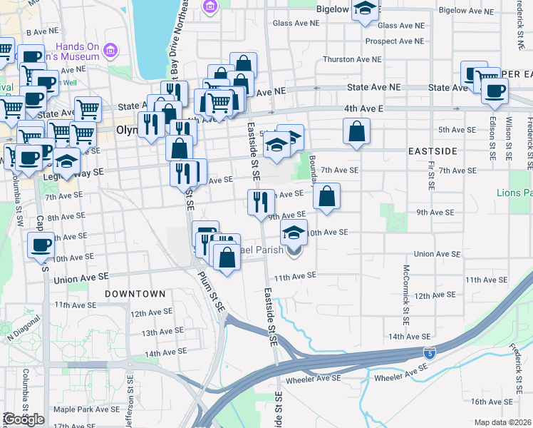 map of restaurants, bars, coffee shops, grocery stores, and more near 1106 9th Avenue Southeast in Olympia