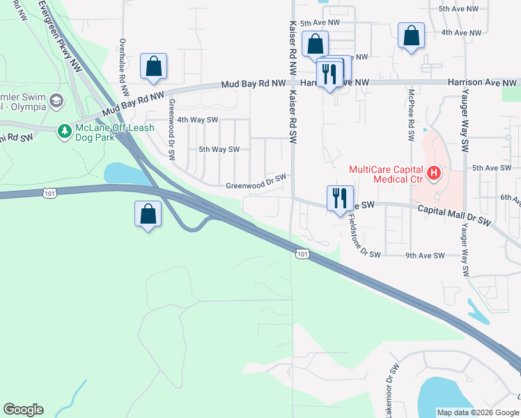 map of restaurants, bars, coffee shops, grocery stores, and more near 707 Kaiser Road Northwest in Olympia
