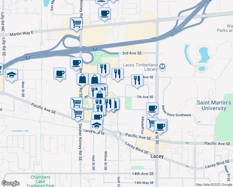 map of restaurants, bars, coffee shops, grocery stores, and more near 4370 7th Avenue Southeast in Lacey