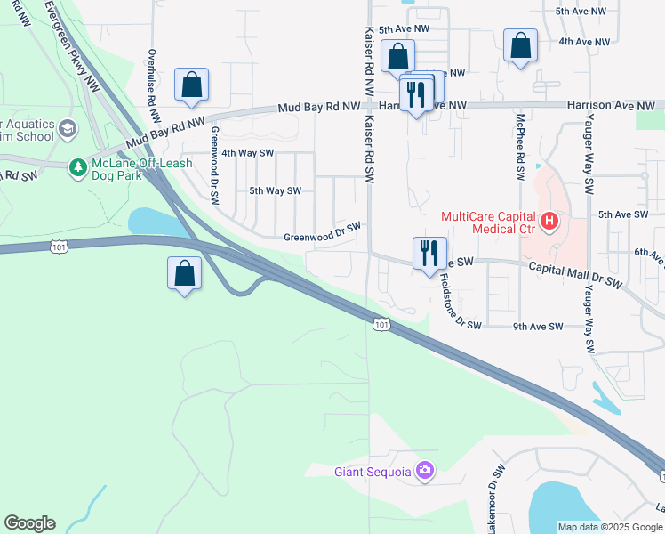 map of restaurants, bars, coffee shops, grocery stores, and more near 4701 7th Avenue Southwest in Olympia