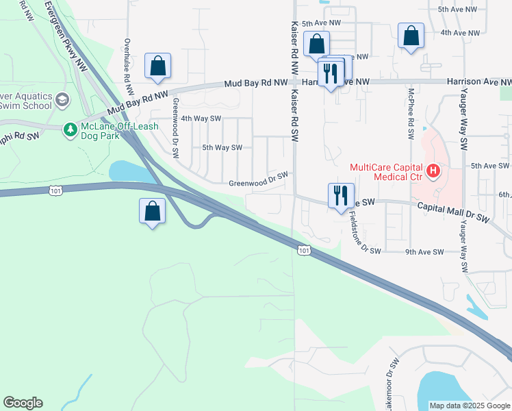 map of restaurants, bars, coffee shops, grocery stores, and more near 707 Kaiser Road Southwest in Olympia
