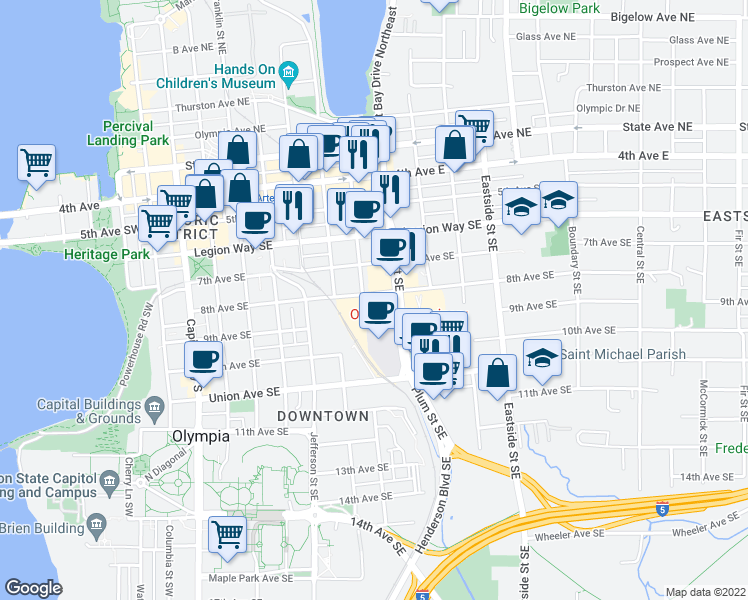 map of restaurants, bars, coffee shops, grocery stores, and more near 715 8th Avenue Southeast in Olympia