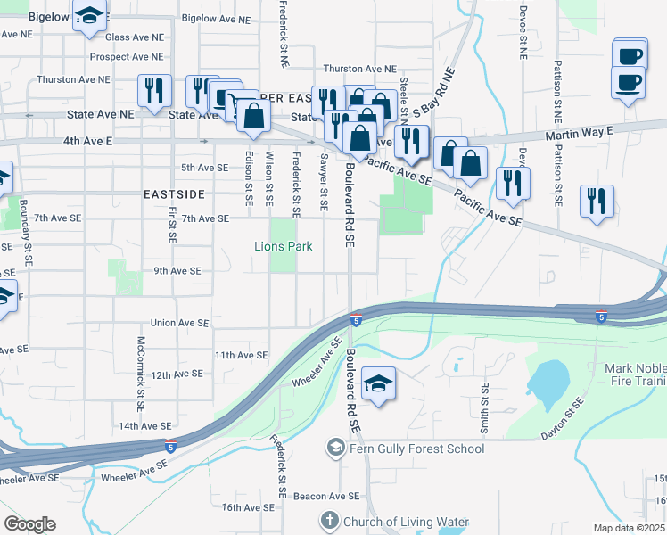 map of restaurants, bars, coffee shops, grocery stores, and more near 901 Boulevard Road Southeast in Olympia