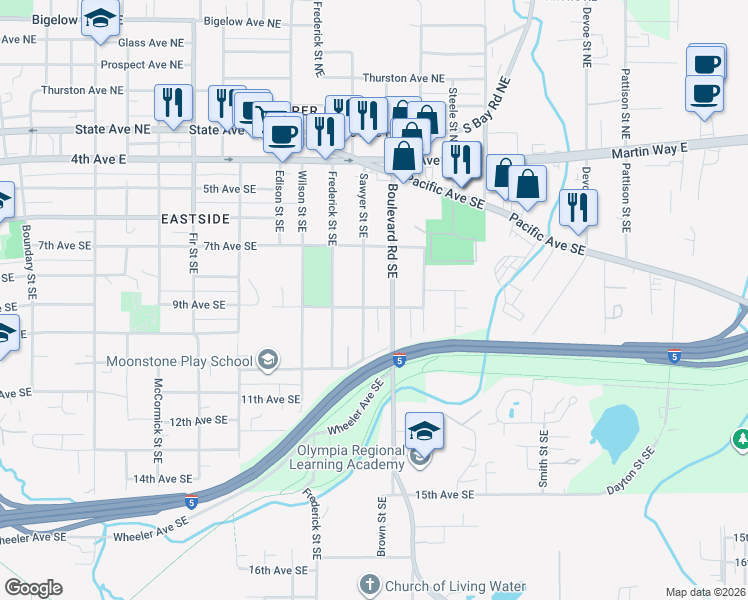map of restaurants, bars, coffee shops, grocery stores, and more near 901 Boulevard Road Southeast in Olympia