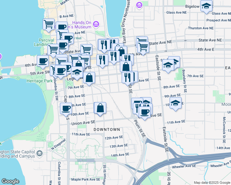 map of restaurants, bars, coffee shops, grocery stores, and more near 617 8th Avenue Southeast in Olympia