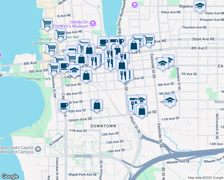 map of restaurants, bars, coffee shops, grocery stores, and more near 617 8th Avenue Southeast in Olympia