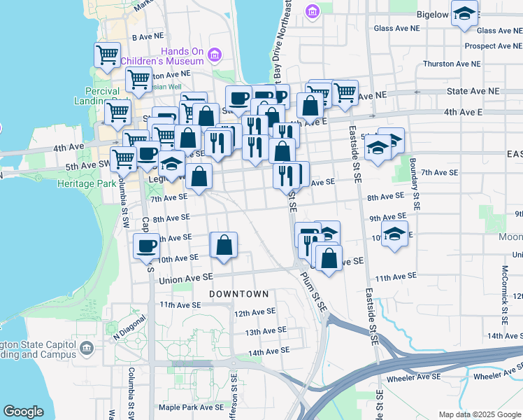 map of restaurants, bars, coffee shops, grocery stores, and more near 623 8th Avenue Southeast in Olympia
