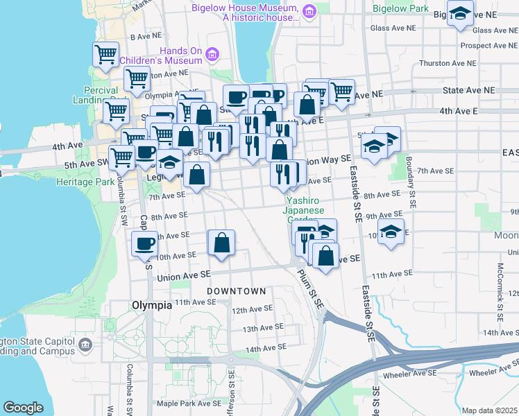map of restaurants, bars, coffee shops, grocery stores, and more near 623 8th Avenue Southeast in Olympia