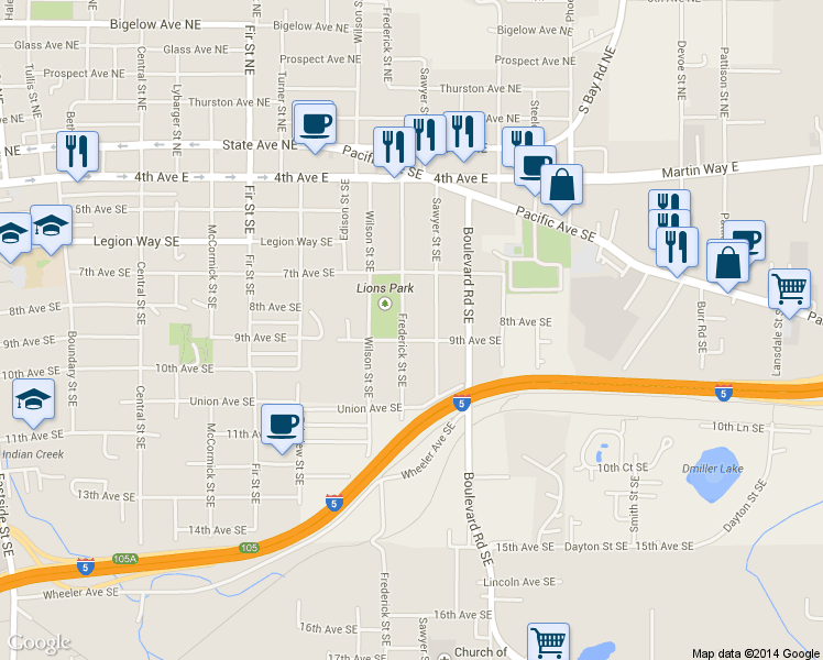 map of restaurants, bars, coffee shops, grocery stores, and more near 903 Sawyer Street Southeast in Olympia