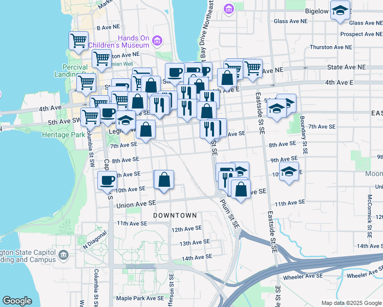 map of restaurants, bars, coffee shops, grocery stores, and more near 621 8th Avenue Southeast in Olympia