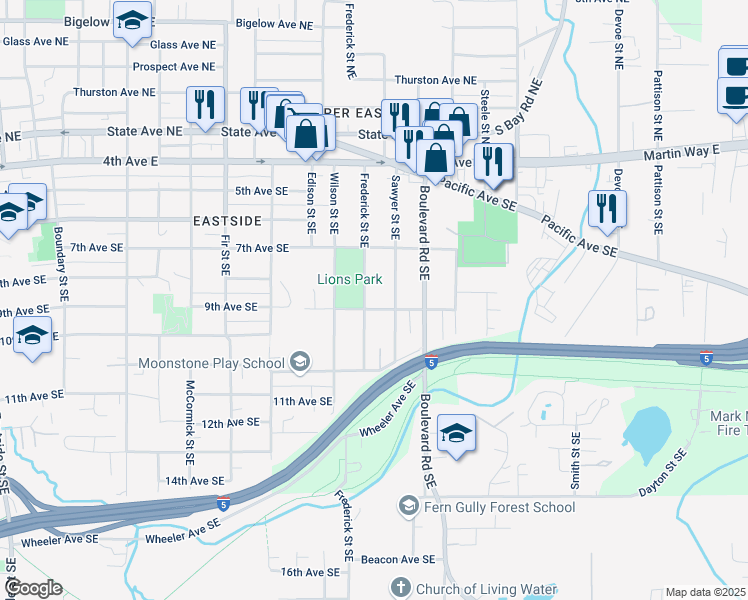 map of restaurants, bars, coffee shops, grocery stores, and more near 903 Sawyer Street Southeast in Olympia