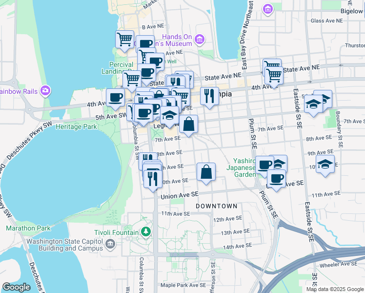 map of restaurants, bars, coffee shops, grocery stores, and more near 720 Franklin Street Southeast in Olympia