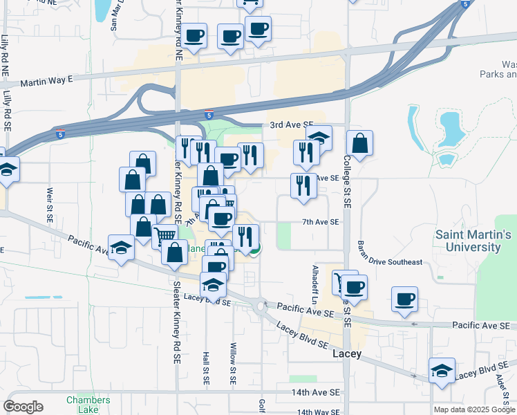 map of restaurants, bars, coffee shops, grocery stores, and more near 4370 7th Ave SE in Lacey