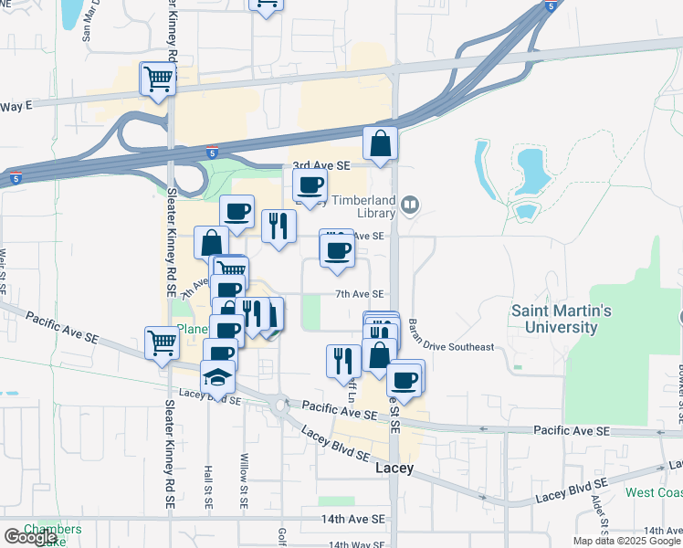 map of restaurants, bars, coffee shops, grocery stores, and more near 4565 7th Avenue Southeast in Olympia