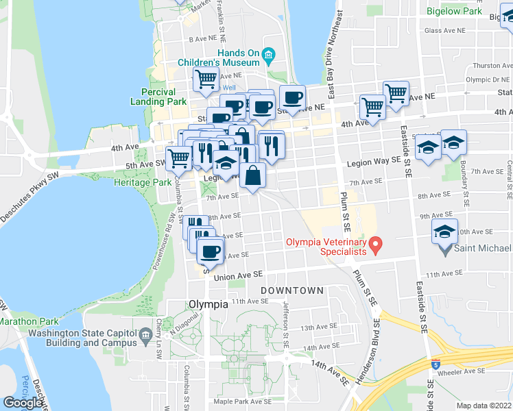 map of restaurants, bars, coffee shops, grocery stores, and more near 717 Adams Street Southeast in Olympia