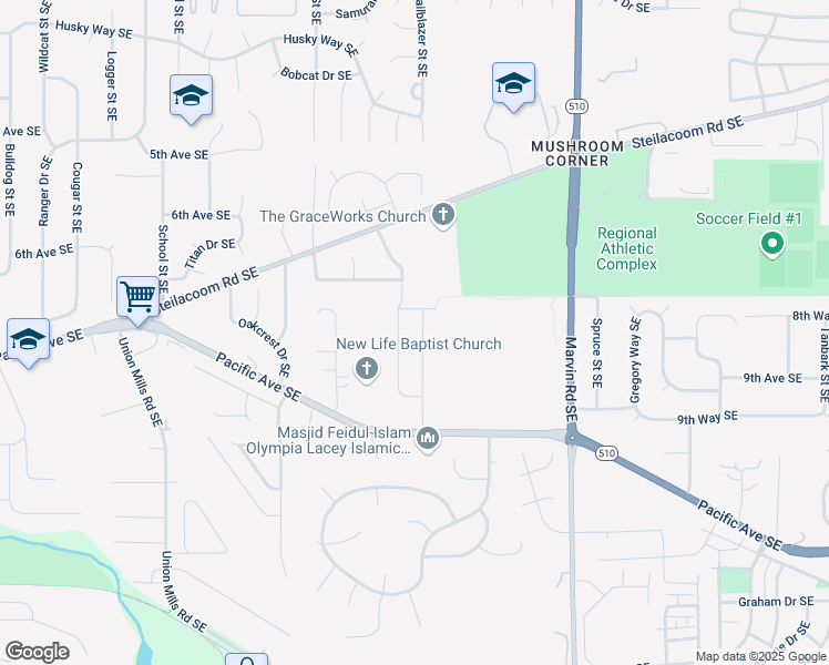 map of restaurants, bars, coffee shops, grocery stores, and more near 7918 Pacific Avenue Southeast in Olympia