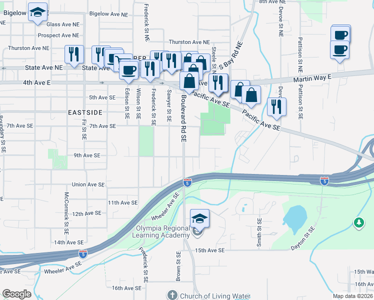 map of restaurants, bars, coffee shops, grocery stores, and more near 901 Boulevard Road Southeast in Olympia