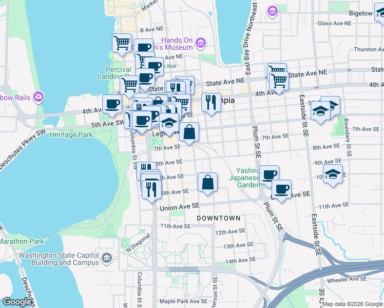 map of restaurants, bars, coffee shops, grocery stores, and more near 313 8th Avenue Southeast in Olympia