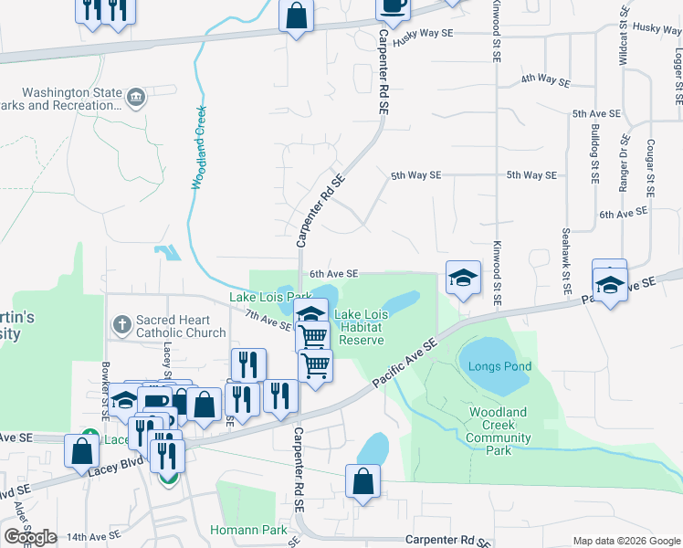map of restaurants, bars, coffee shops, grocery stores, and more near 534 Kenneth Court Southeast in Lacey
