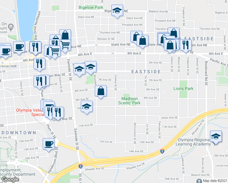 map of restaurants, bars, coffee shops, grocery stores, and more near 718 Central Street Southeast in Olympia