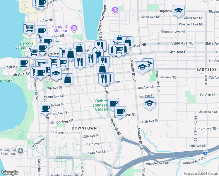 map of restaurants, bars, coffee shops, grocery stores, and more near 716 Plum Street Southeast in Olympia